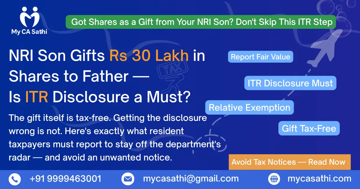 NRI Son Gifts ₹30 Lakh Shares to Father: Is ITR Disclosure Mandatory? Tax Rules, AIS Reporting & FEMA Guide (AY 2026-27) image